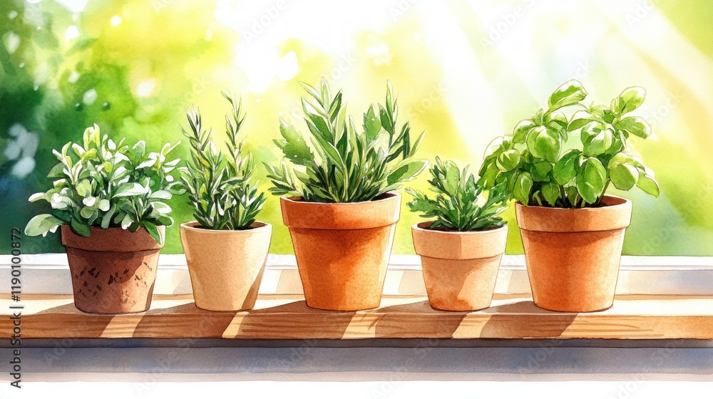 Five Potted Plants on a Wooden Shelf Bathed in Natural Light Five Potted Plants on a Wooden Shelf Bathed in Natural Light