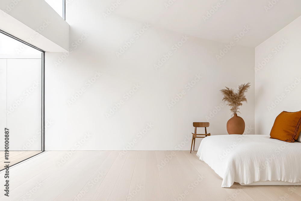 Fototapeta premium Modern minimalist bedroom with natural light and neutral decor in a serene setting