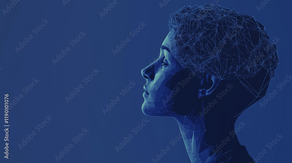 Obraz premium Serene AI Woman Portrait, Digital Art with Polygonal Face Design, Set Against a Blue Abstract Background, Futuristic, Modern, and Artistic Representation of Beauty and Technology, Ai generated images