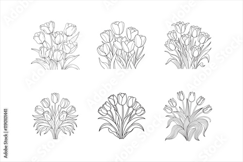 Set of Bouquet of tulips. Flowers. Coloring book antistress for children and adults. Illustration isolated on white background.Zen-tangle style. Black and white drawing
