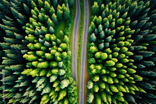 Aerial view of a highway with cars surrounded by lush green trees and a river crossing under a bridge photo