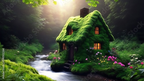 Moss Covered Cottage Beside A Forest Stream photo