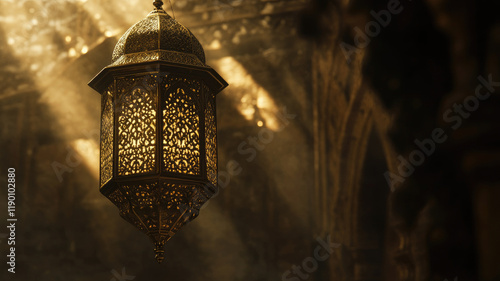 Ornate Arabic lantern with intricate patterns illuminated by sunlight in a traditional setting photo