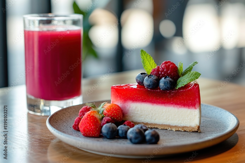 Delicious Berry Cheesecake Slice with Fresh Fruit and Refreshing Juice Delicious Berry Cheesecake Slice with Fresh Fruit and Refreshing Juice