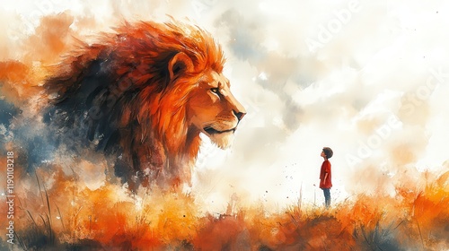 innocence and majesty little kid with a big lion symbolising jesus watercolor illustration