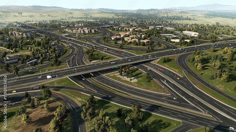 Naklejka premium Aerial view of a sprawling urban highway network with clean roads and visible traffic lanes, ideal for infrastructure-themed designs