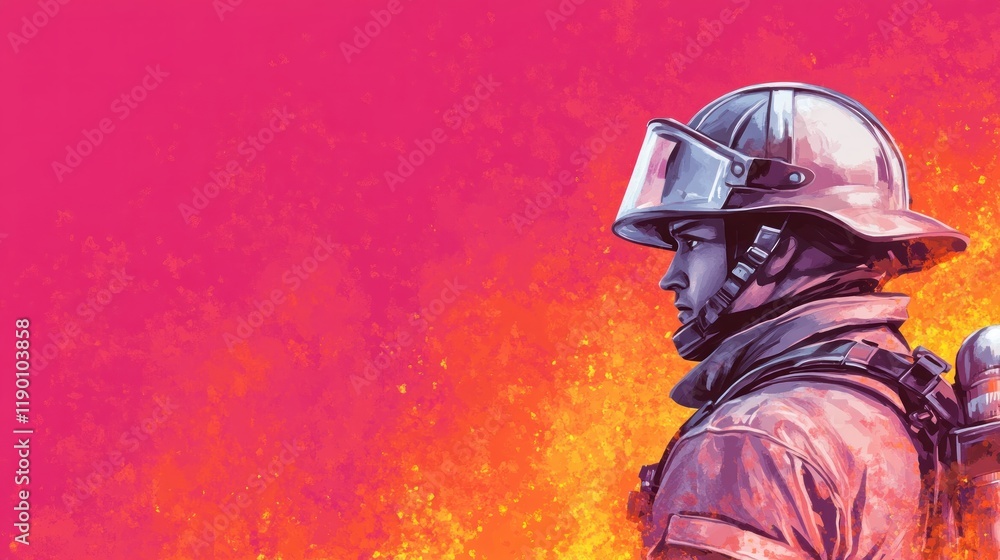 Obraz premium Firefighter in Action with Vibrant Background Colors and Flames