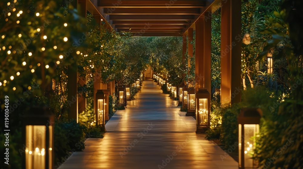 An elegant garden pathway illuminated by modern outdoor lights, creating a chic and tranquil ambiance An elegant garden pathway illuminated by modern outdoor lights, creating a chic and tranquil ambiance