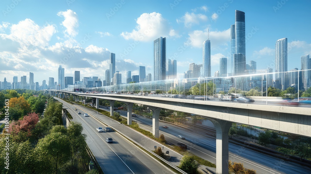 An elevated highway with a clear view of the city skyline in the background, offering a modern and urban composition An elevated highway with a clear view of the city skyline in the background, offering a modern and urban composition