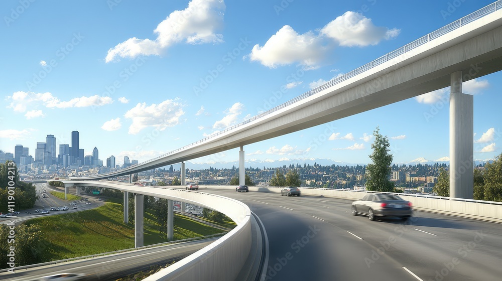 An elevated highway with a clear view of the city skyline in the background, offering a modern and urban composition An elevated highway with a clear view of the city skyline in the background, offering a modern and urban composition