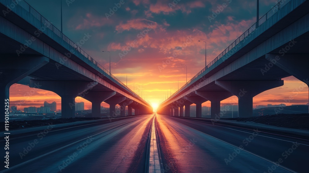 An empty freeway at dawn with glowing horizon light, modern overpasses, and a smooth road surface creating a futuristic tone An empty freeway at dawn with glowing horizon light, modern overpasses, and a smooth road surface creating a futuristic tone