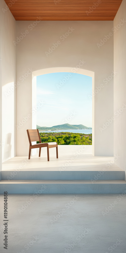 Fototapeta premium Minimalist interior with a wooden chair and a scenic view of nature in daylight