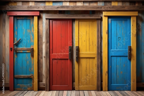 An old three colorful wooden doors with vintage details on a wooden wall photo