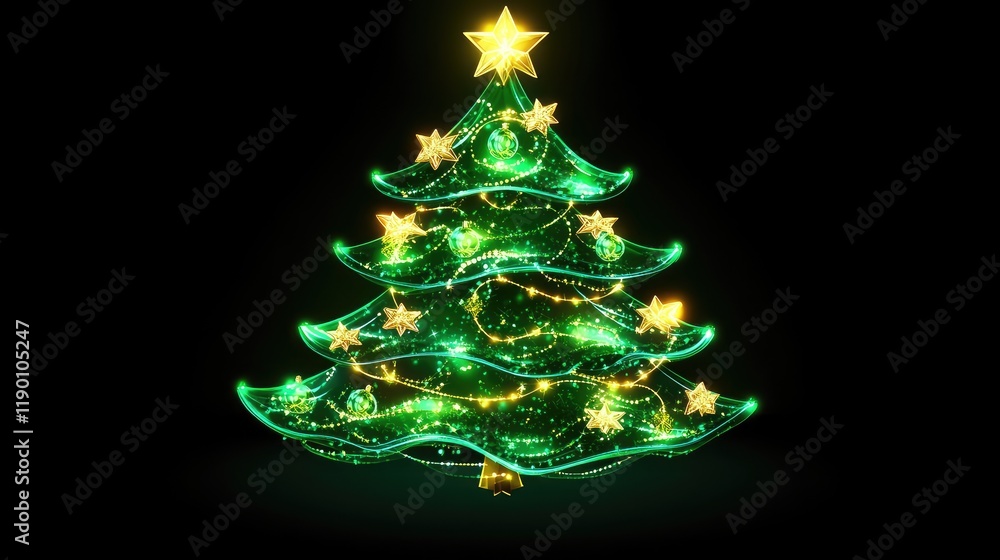A Christmas tree adorned with glowing lights and shimmering decorations, set against a dark background with room for text in the foreground A Christmas tree adorned with glowing lights and shimmering decorations, set against a dark background with room for text in the foreground