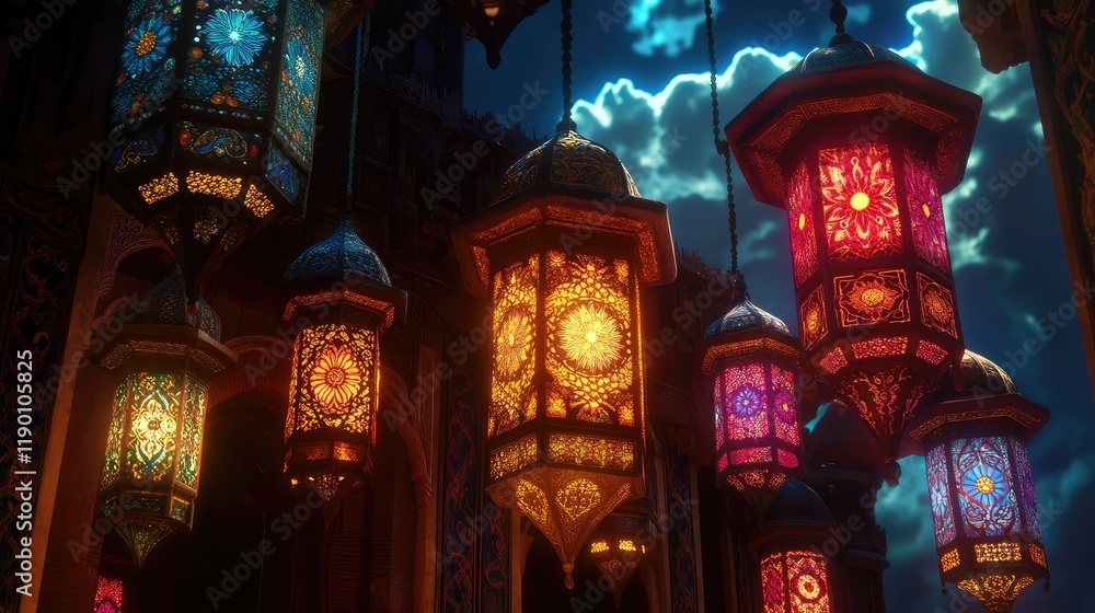 Obraz premium A close-up of glowing lanterns floating in the sky, with intricate designs and space for copy in the top corner