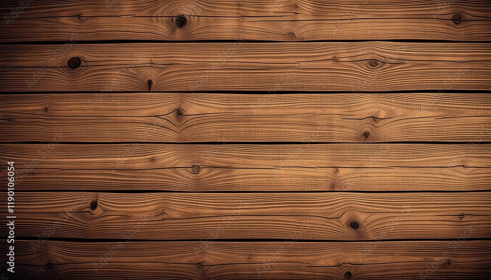 Fototapeta premium Wooden planks, horizontal lines, rich brown tones, wood grain texture, natural wood pattern, rustic background, warm lighting, close-up view, weathered wood surface