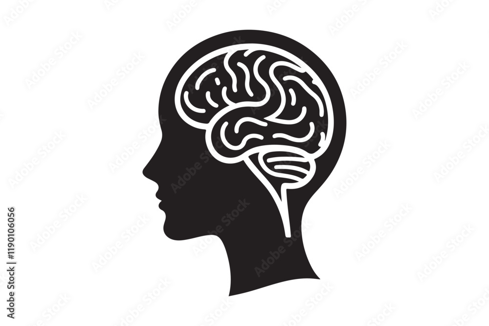 Obraz premium Human head profile with brain symbol, black icon vector illustration 