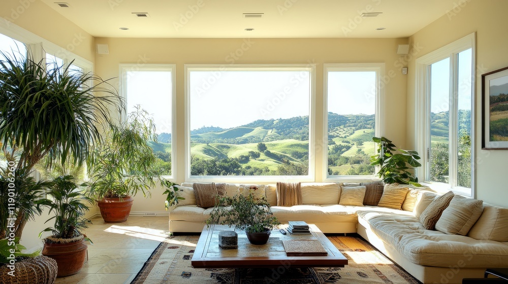 A bright living room with a panoramic view of green hills, large windows, a cozy sofa, and potted plants enhancing the serene ambiance A bright living room with a panoramic view of green hills, large windows, a cozy sofa, and potted plants enhancing the serene ambiance