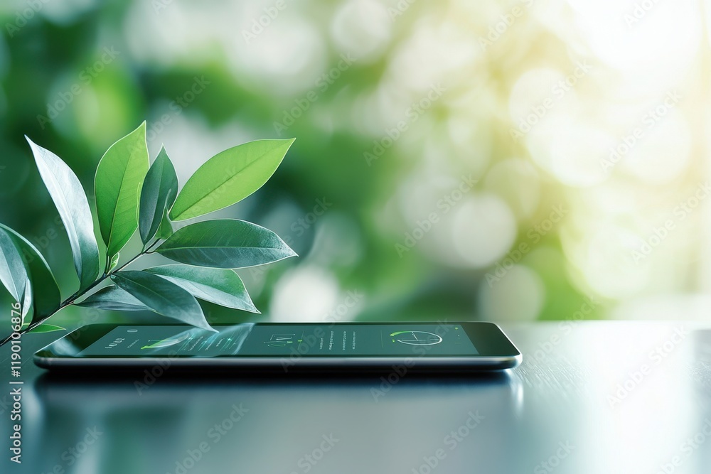 Dynamic energy-saving technology display on tablet screen nature background digital interface eco-friendly calm environment Dynamic energy-saving technology display on tablet screen nature background digital interface eco-friendly calm environment