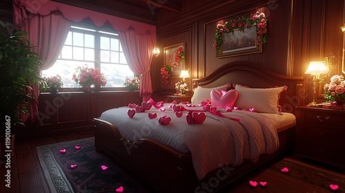 A romantic Valentine Day bedroom with a plush bed adorned with pink ribbons, heart-shaped rose petals, and fresh flower bouquets. The soft, ambient lighting creates a warm, loving atmosphere.