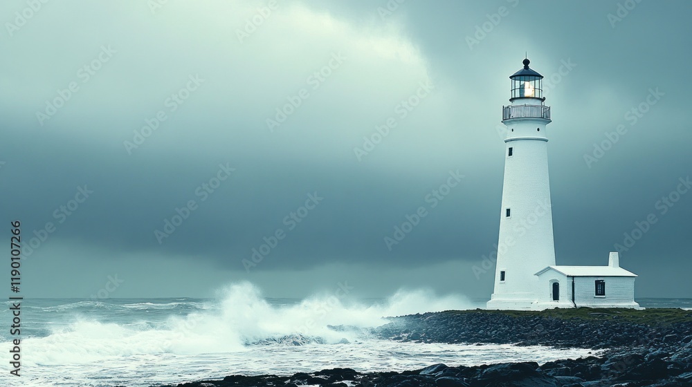 Obraz premium Lonesome lighthouse enduring powerful storm waves and dramatic sky.