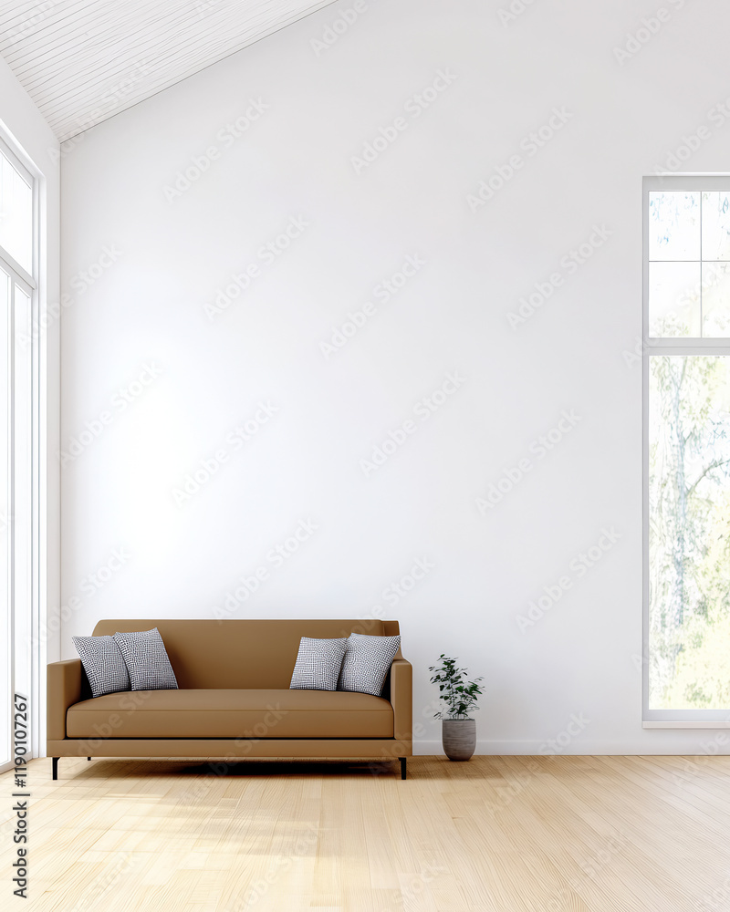 Fototapeta premium Cozy living room with a modern brown sofa and large windows for natural light