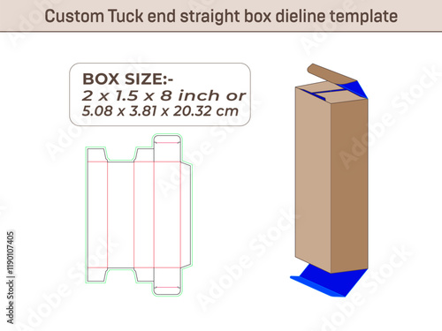 Custom straight Tuck end box dieline template 2 x 1.5 x 8 Inch