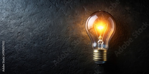 Softly glowing light bulb on a dark black background with subtle texture , brightening, radiant, brightening, radiant