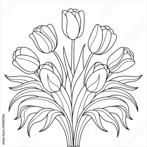 Bouquet of tulips. Flowers. Coloring book antistress for children and adults. Illustration isolated on white background.Zen-tangle style. Black and white drawing