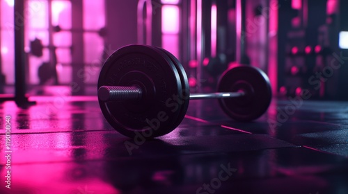 Barbell on a gym floor with pink lighting