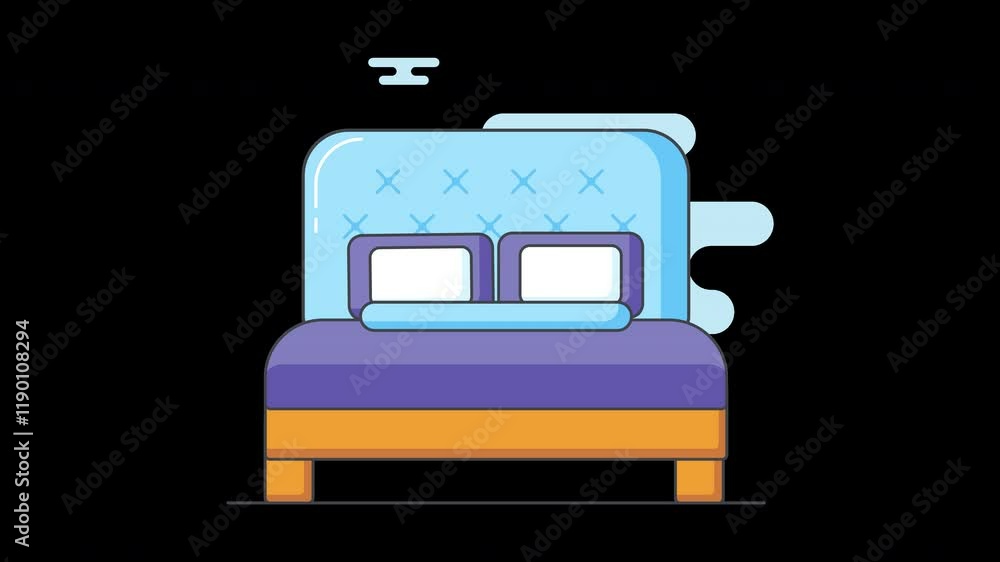 A stylish cartoon bed design with a colorful mattress and pillows, set against a black background. A stylish cartoon bed design with a colorful mattress and pillows, set against a black background.
