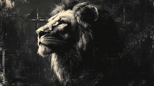 jesus the lion of judah lion head with cross and grunge background vector illustration in black and white