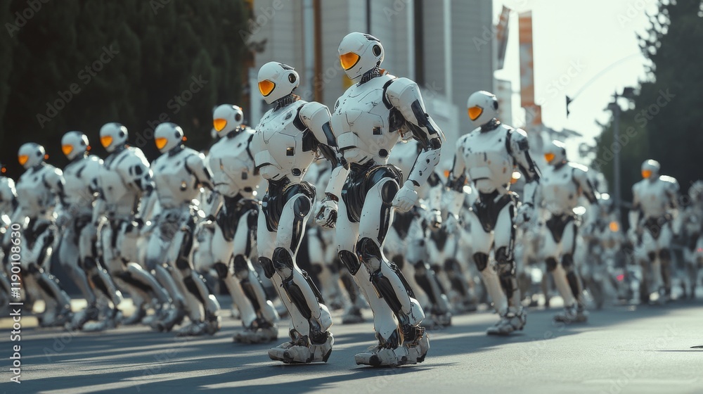 Obraz premium Group of futuristic soldiers in white armor marching in unison