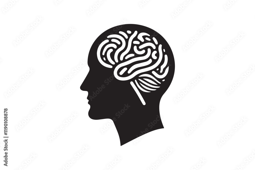 Human head profile with brain symbol, black icon vector illustration Human head profile with brain symbol, black icon vector illustration