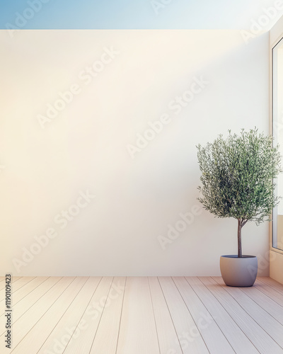 Modern interior with a potted plant in a minimalistic room with natural light