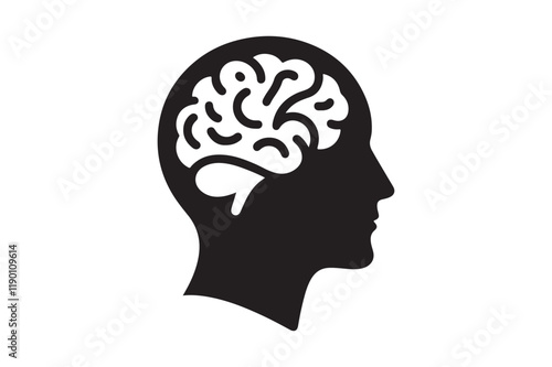 Human head profile with brain symbol, black icon vector illustration 