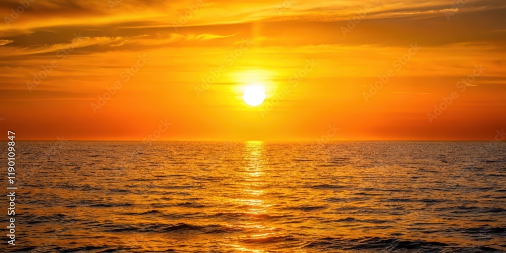 Obraz premium Golden hues of sunset over vast ocean , big sun, waterfront view, big sun,waterfront view,serene landscape