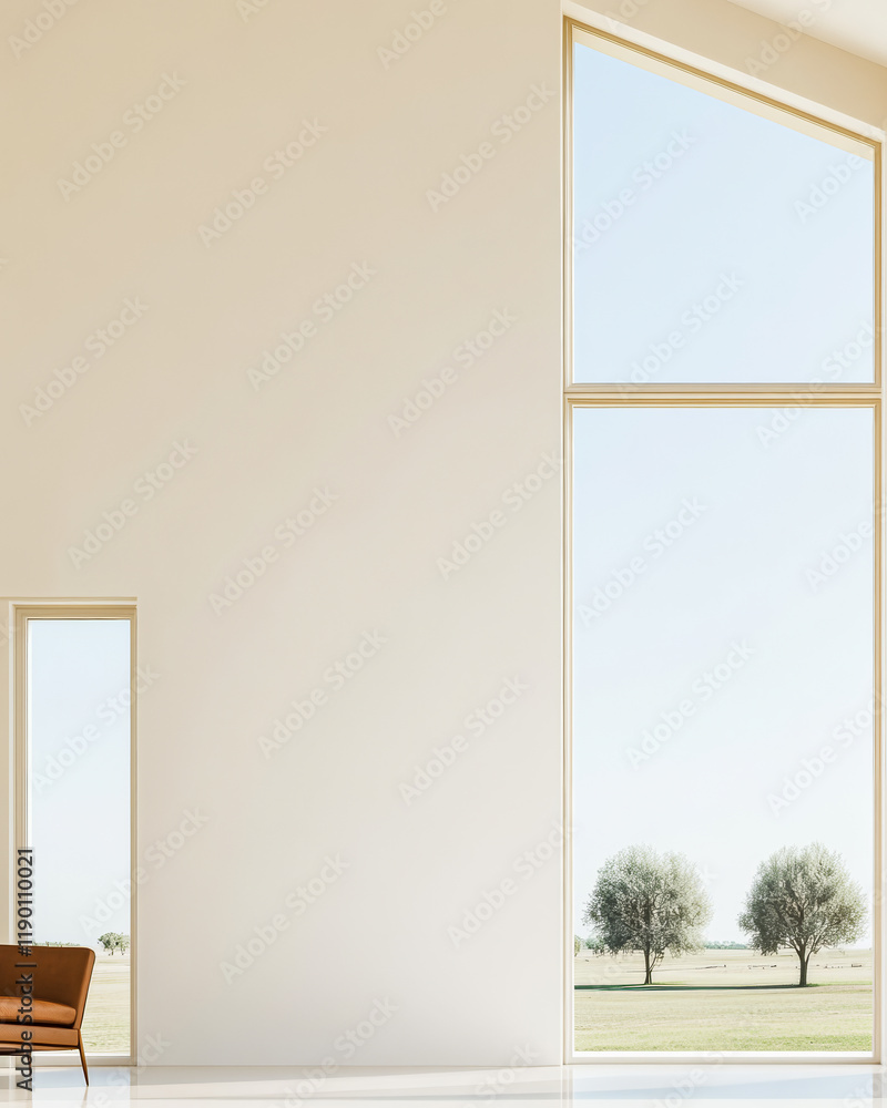 Fototapeta premium Modern interior design with large windows overlooking a serene landscape of trees
