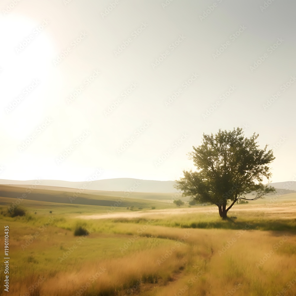 Solitary Tree in Serene Rolling Hills Landscape Solitary Tree in Serene Rolling Hills Landscape