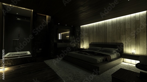 Dark modern bedroom with ensuite bathroom.  1 