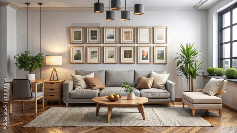Fototapeta premium Modern living room with a large frame gallery on the wall