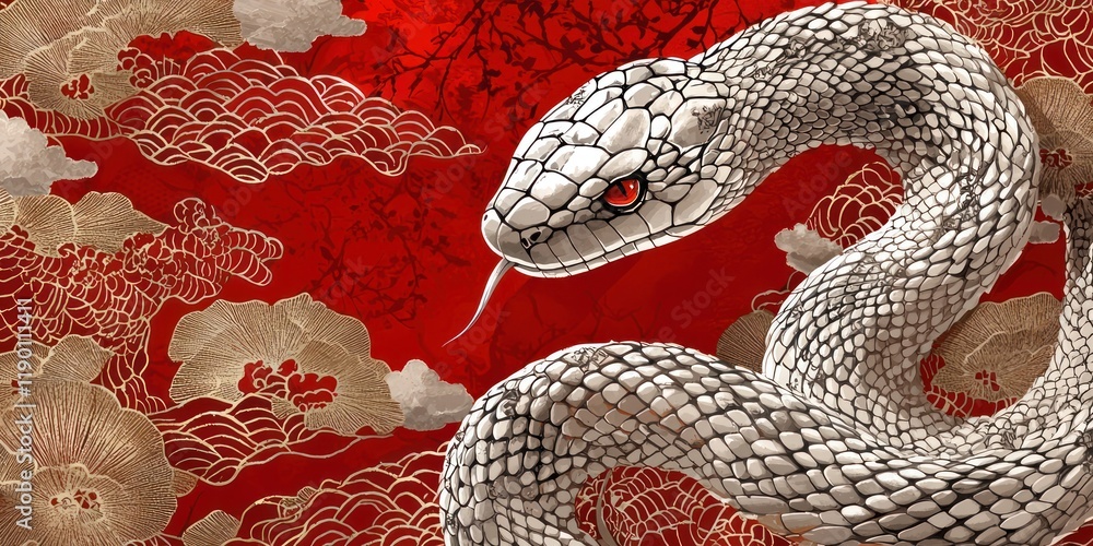 Fototapeta premium Elegant card featuring a snake intertwined with Chinese-style clouds and Japanese textile patterns in red and silver.