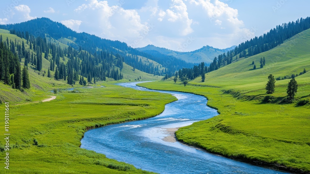 Serene Landscape with River and Lush Green Hills Serene Landscape with River and Lush Green Hills