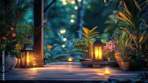 Wallpaper Mural A quiet outdoor terrace with lanterns glowing softly on a wooden table, surrounded by potted plants Torontodigital.ca