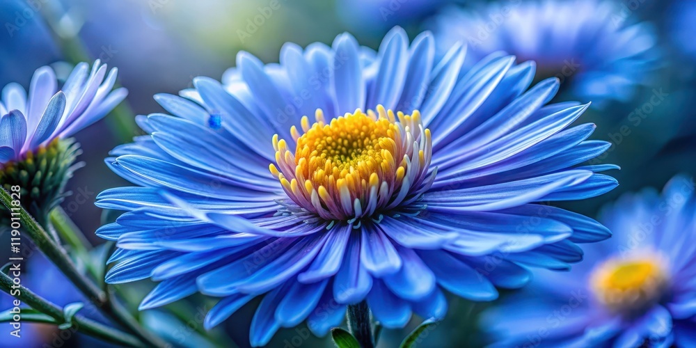 Obraz premium Delicate blue flower aster in close-up macro photography showcasing its intricate details and subtle color nuances, macro, close-up photography