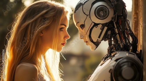 Woman gently touching the face of a robot in a serene moment photo