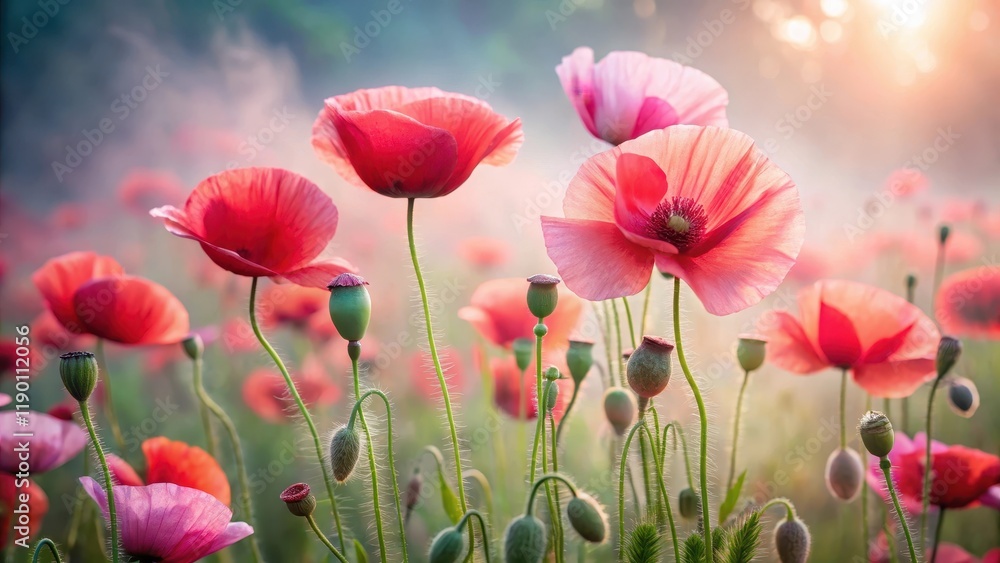 Fototapeta premium Soft pink red poppy flowers sway gently in the morning mist