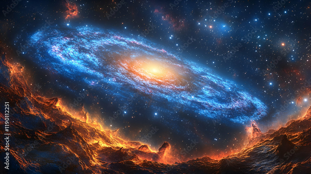 Fototapeta premium Luminous Spiral Galaxy over Fiery Landscape: A Cosmic Tapestry of Light and Fire
