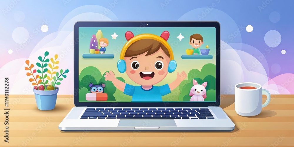 A colorful cartoon character sitting in front of a laptop screen displaying an animated live stream with fun graphics and animations , animation, fun A colorful cartoon character sitting in front of a laptop screen displaying an animated live stream with fun graphics and animations , animation, fun