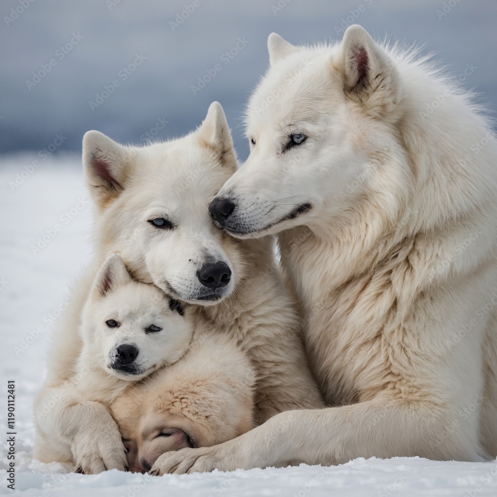 Obraz premium A mother Arctic dog and her puppy cuddling, white background.